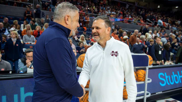 Auburn Tigers head coach Bruce Pearl and Mississippi State Bulldogs head coach Chris Jans shake hands before the game as Auburn Tigers take on Mississippi State Bulldogs at Neville Arena in Auburn, Ala., on Saturday, Jan. 14, 2023.
